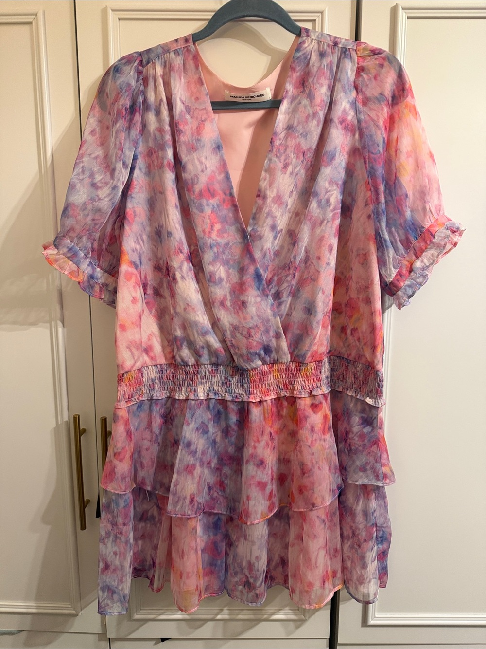Amanda Uprichard Pink Watercolor Tiered V-Neck Mini Dress